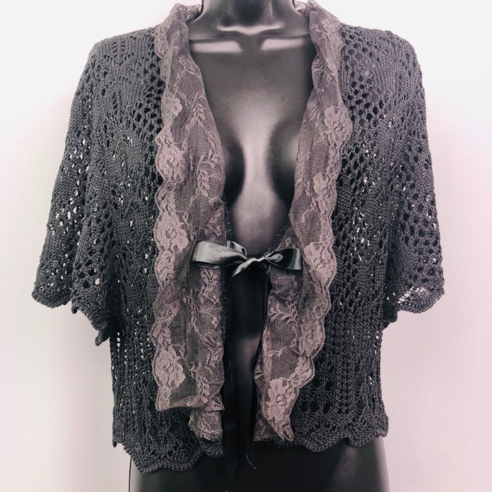 Elegant full lace short cardigan with satin ribbon